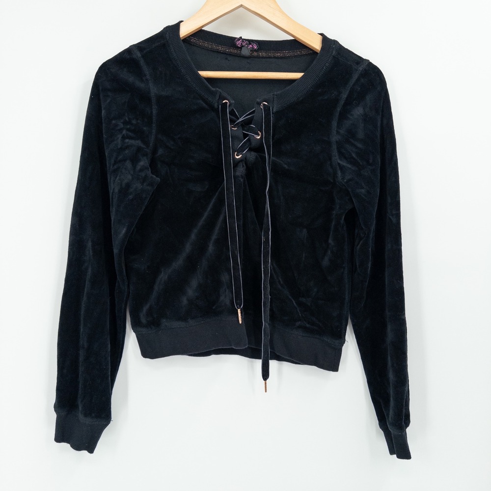 Betsy Johnson Performance Black Velour Lace Up Top XS Y2K Goth Whimsigoth Velvet
